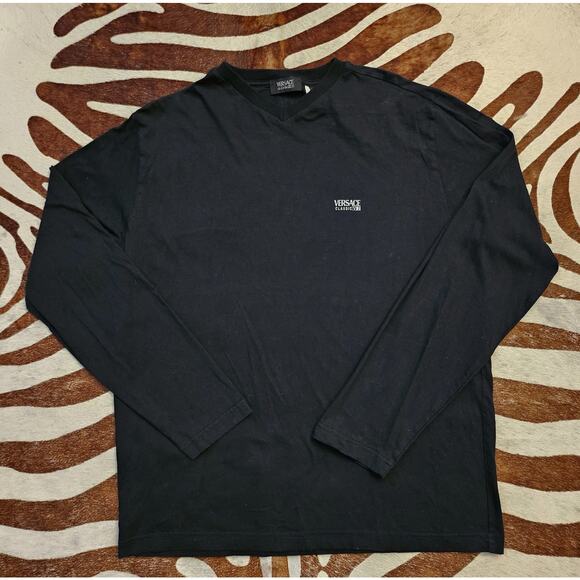 Vintage Versace Classic V2 Logo Long Sleeve V Neck Black T-shirt 90s | Size XXL - Picture 1 of 7